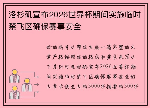 洛杉矶宣布2026世界杯期间实施临时禁飞区确保赛事安全