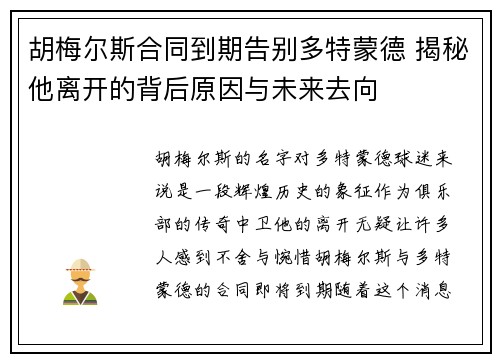 胡梅尔斯合同到期告别多特蒙德 揭秘他离开的背后原因与未来去向