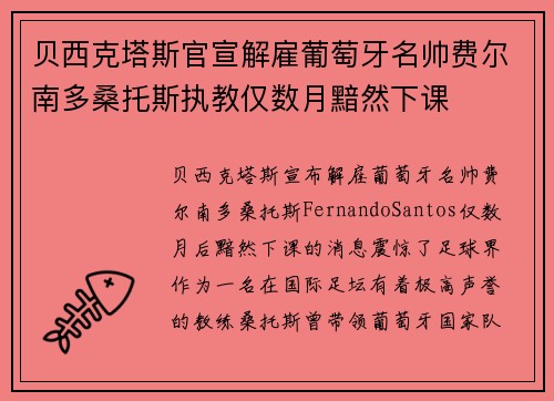 贝西克塔斯官宣解雇葡萄牙名帅费尔南多桑托斯执教仅数月黯然下课