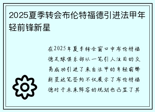 2025夏季转会布伦特福德引进法甲年轻前锋新星