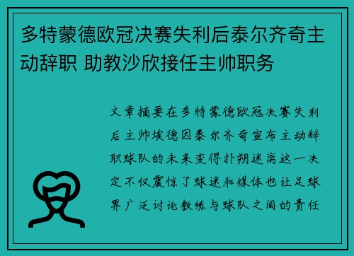 多特蒙德欧冠决赛失利后泰尔齐奇主动辞职 助教沙欣接任主帅职务